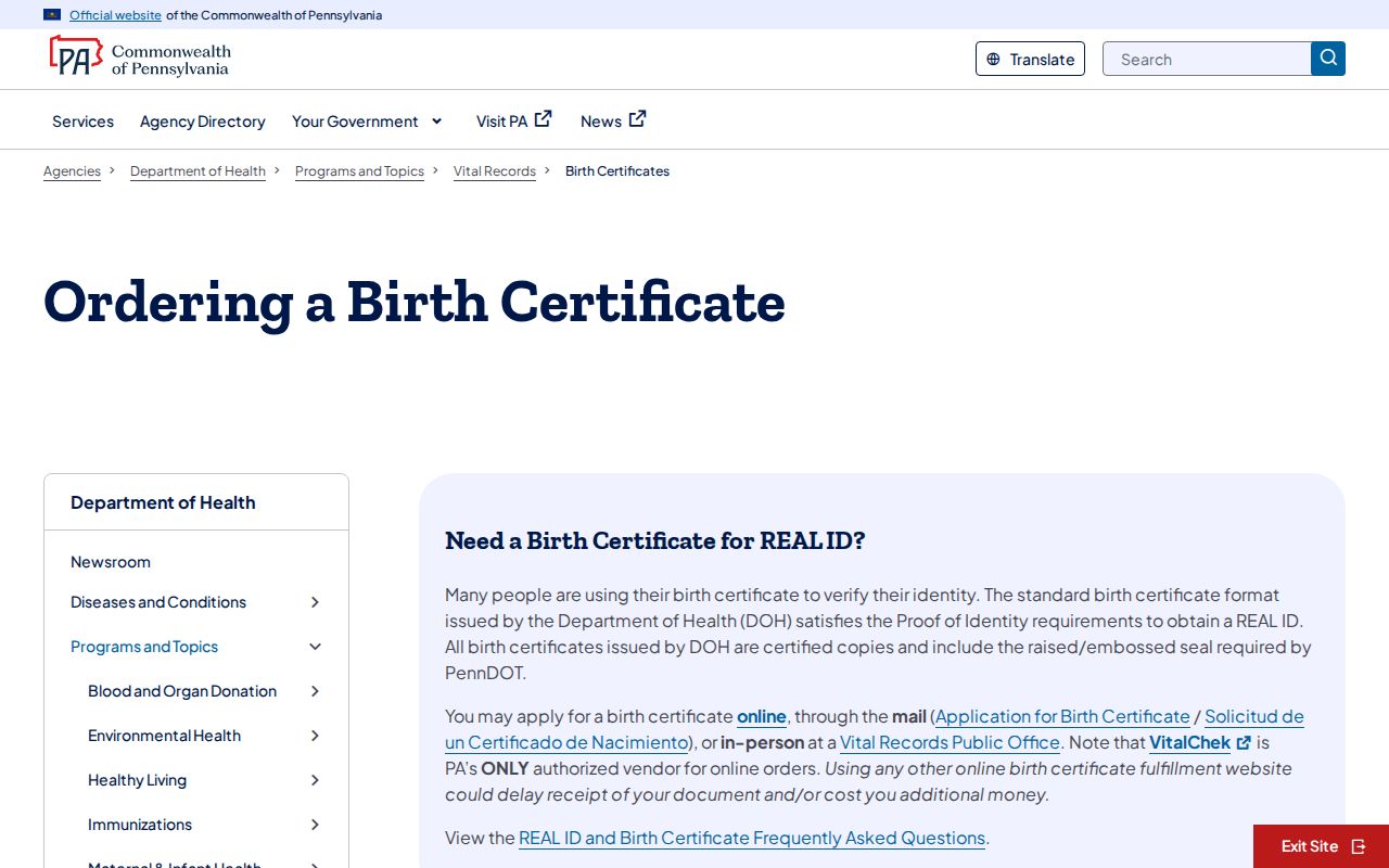 Lebanon resident lookup using Pennsylvania vital-record application routes
